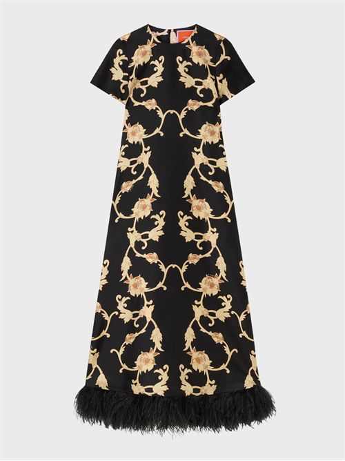 Swing silk twill dress with Buttercup print and ostrich feathers LA DOUBLE J | DRE316SIL001BTC01BL01